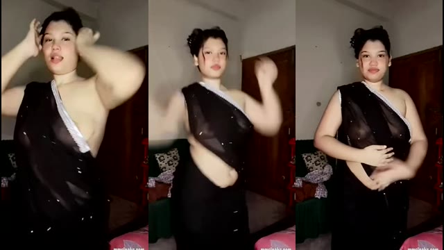 Black Saree Dance Bare Back Tease in Sexy Drapes